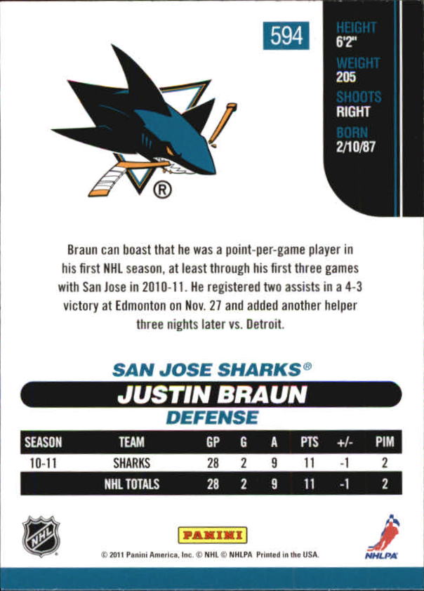 2010-11 Score #594 Justin Braun RC back image