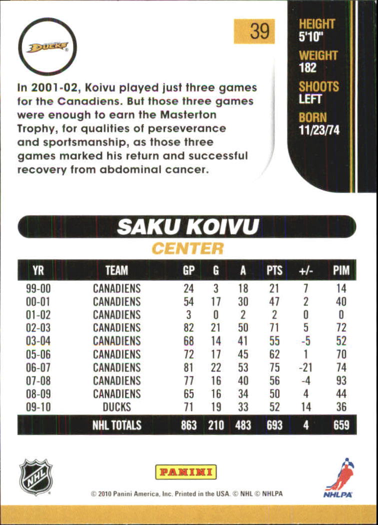 2010-11 Score Glossy #39 Saku Koivu back image
