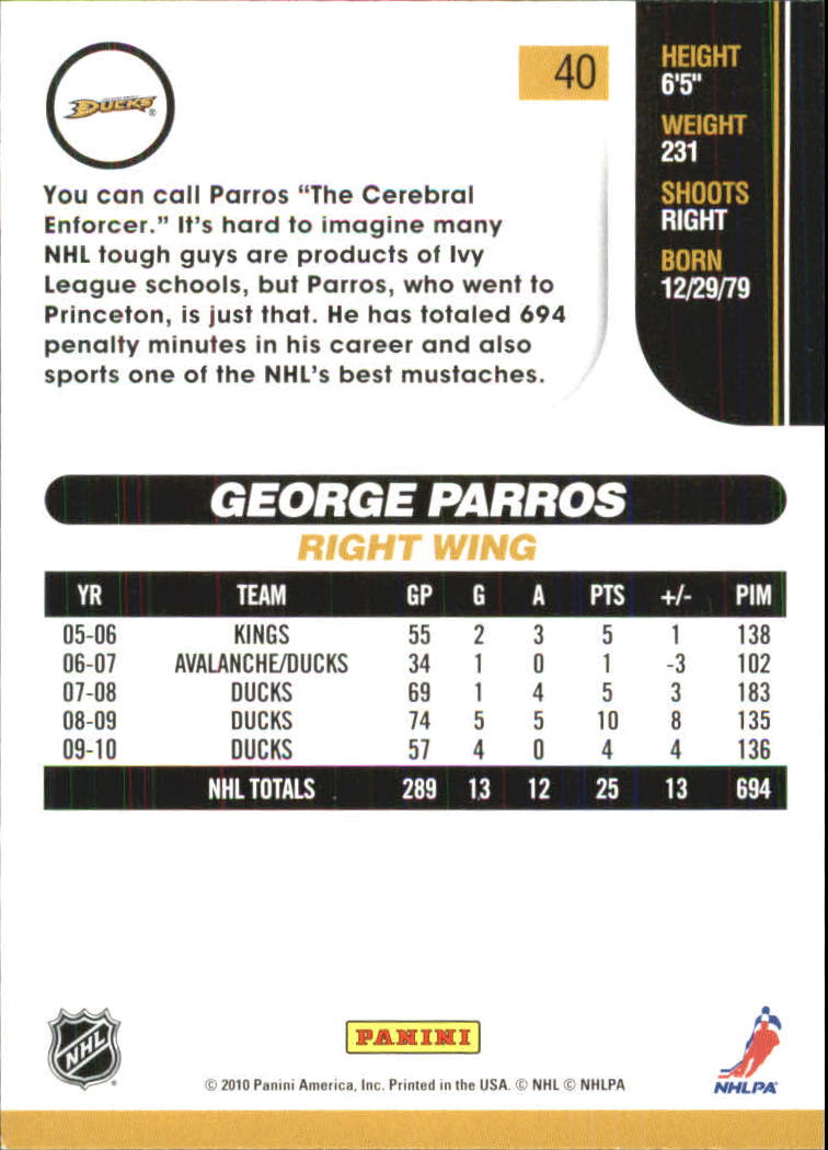 2010-11 Score Glossy #40 George Parros back image