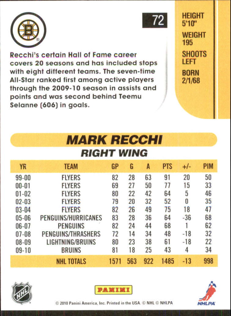 2010-11 Score Glossy #72 Mark Recchi back image
