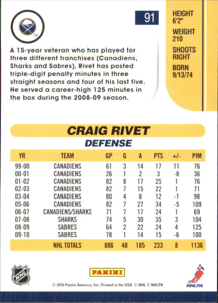 2010-11 Score Glossy #91 Craig Rivet back image