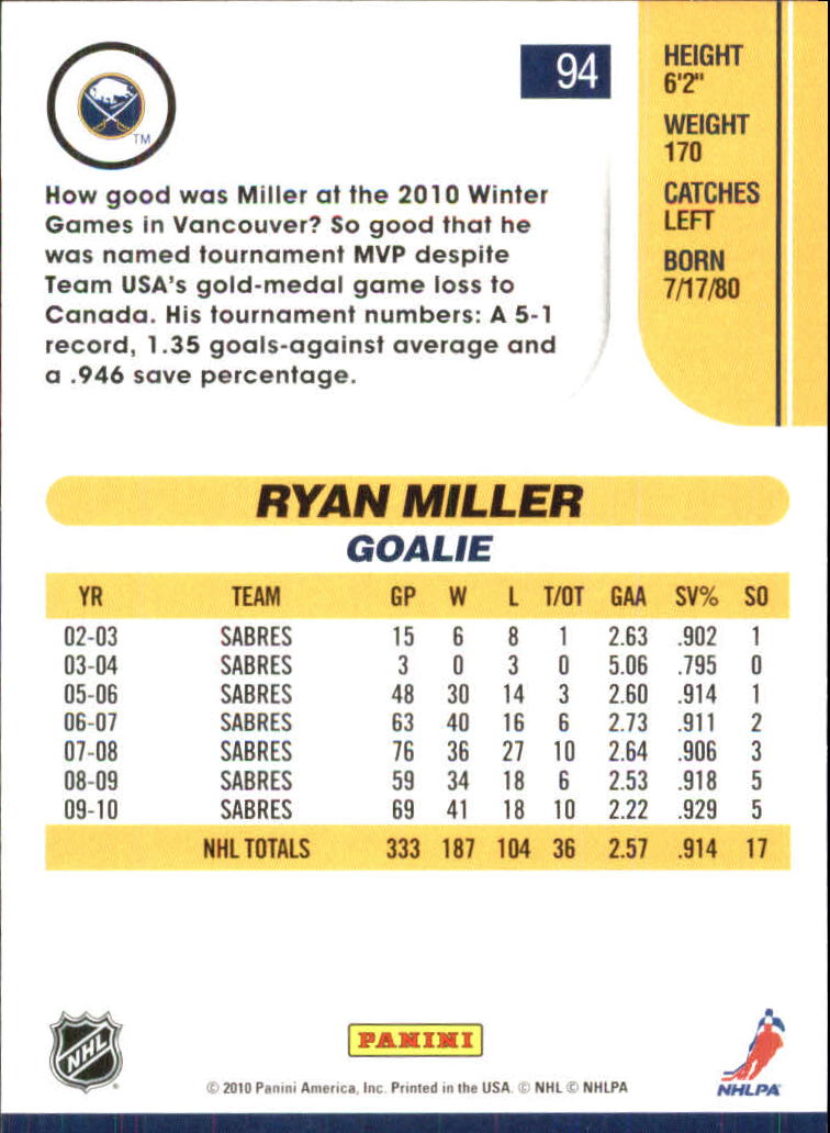 2010-11 Score Glossy #94 Ryan Miller back image