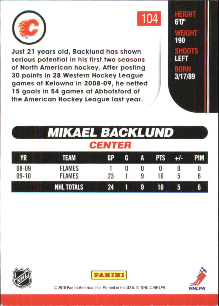 2010-11 Score Glossy #104 Mikael Backlund back image