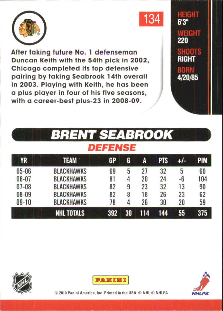 2010-11 Score Glossy #134 Brent Seabrook back image