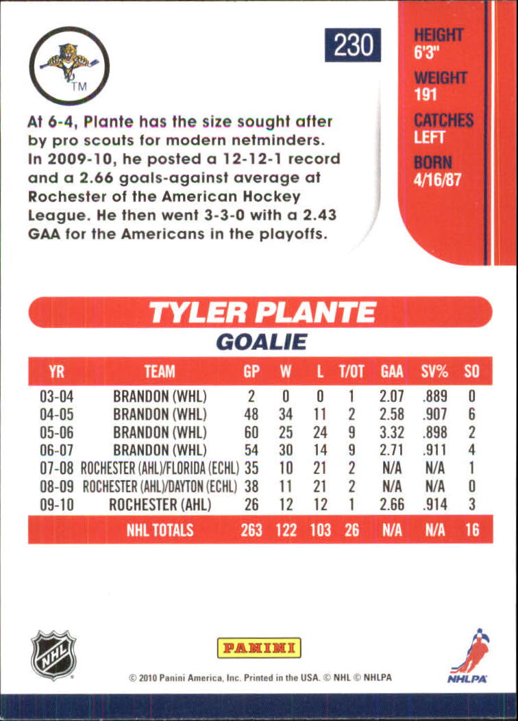 2010-11 Score Glossy #230 Tyler Plante back image