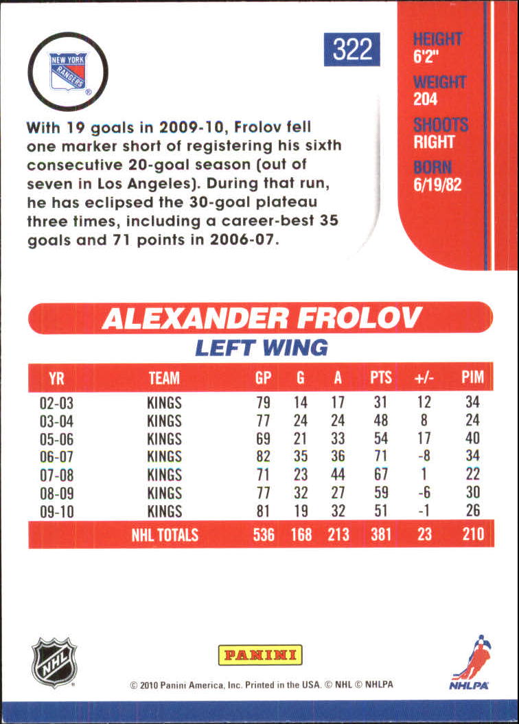 2010-11 Score Glossy #322 Alexander Frolov back image