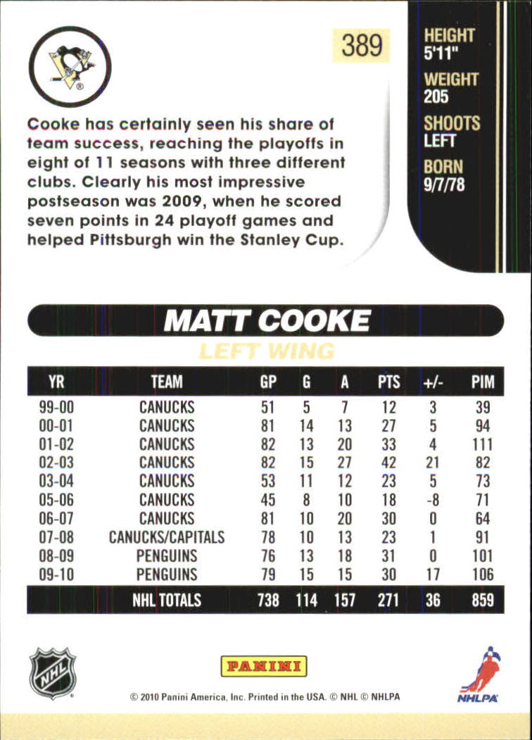2010-11 Score Glossy #389 Matt Cooke back image