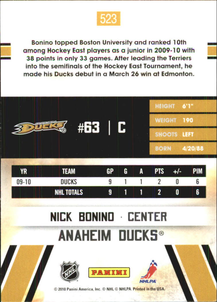 2010-11 Score Glossy #523 Nick Bonino HR back image