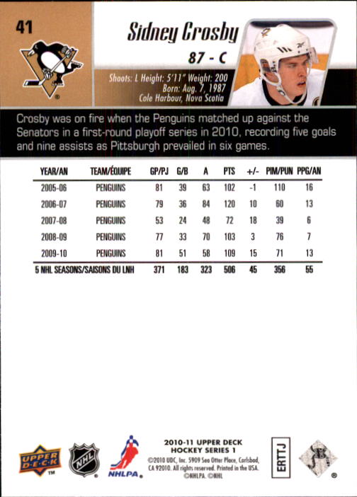 2010-11 Upper Deck #41 Sidney Crosby back image