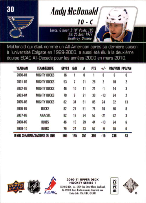 2010-11 Upper Deck French #30 Andy McDonald back image