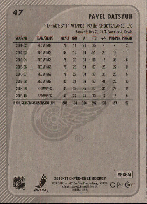 2010-11 O-Pee-Chee #47 Pavel Datsyuk back image