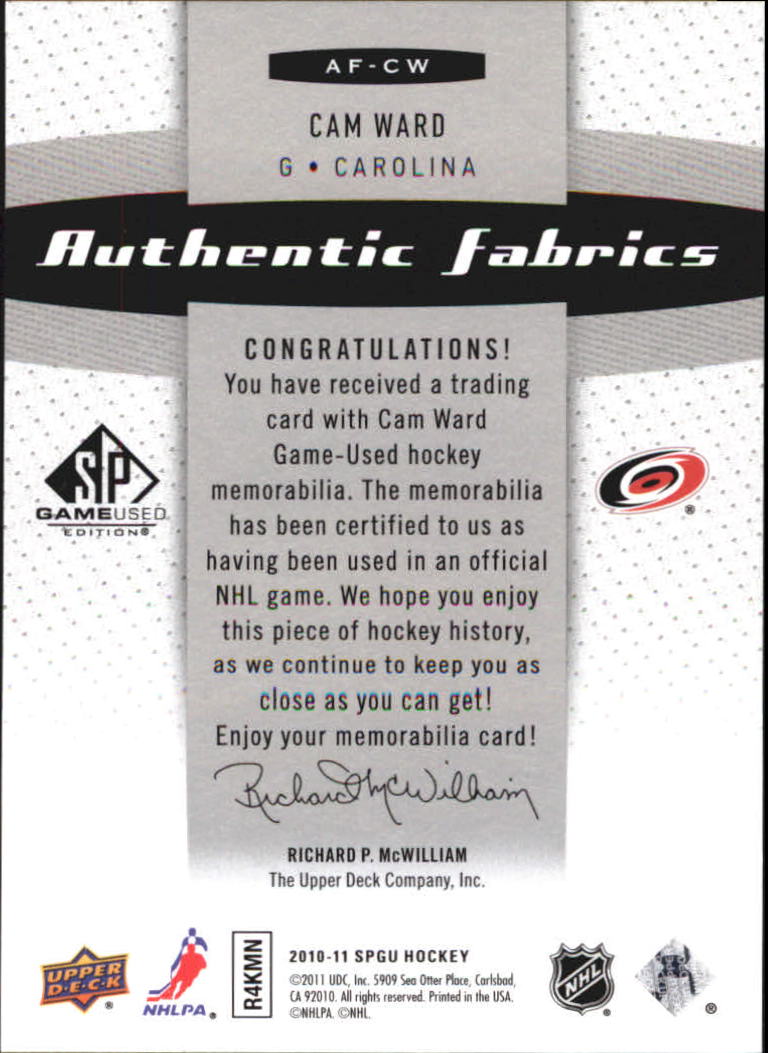 2010-11 SP Game Used Authentic Fabrics #AFCW Cam Ward