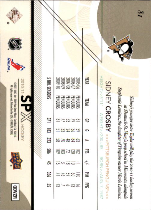 2010-11 SPx #81 Sidney Crosby back image