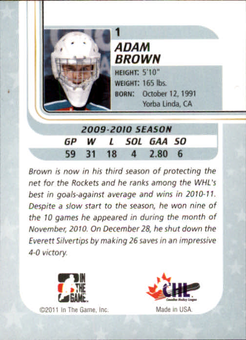 2010-11 Between The Pipes #1 Adam Brown back image