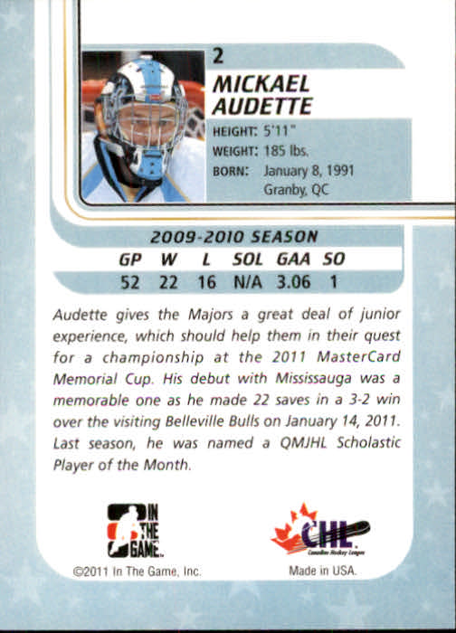 2010-11 Between The Pipes #2 Mickael Audette back image