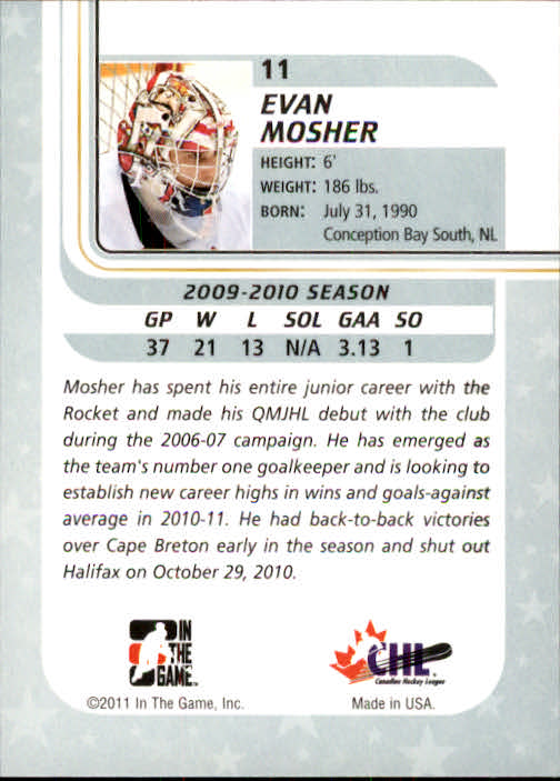 2010-11 Between The Pipes #11 Evan Mosher back image