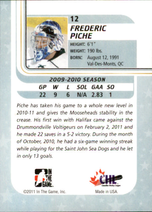 2010-11 Between The Pipes #12 Frederic Piche back image
