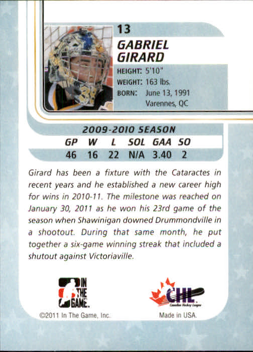 2010-11 Between The Pipes #13 Gabriel Girard back image