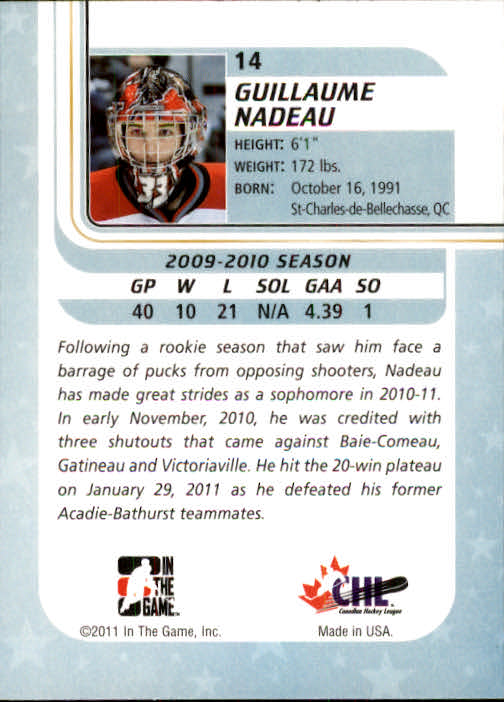2010-11 Between The Pipes #14 Guillaume Nadeau back image