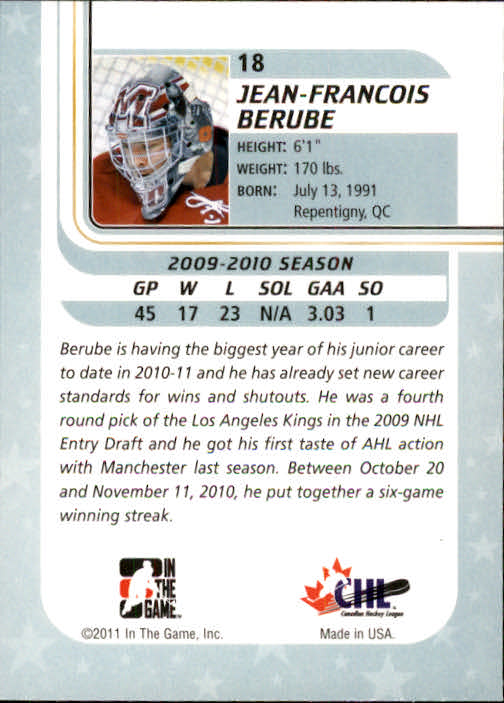 2010-11 Between The Pipes #18 Jean-Francois Berube back image