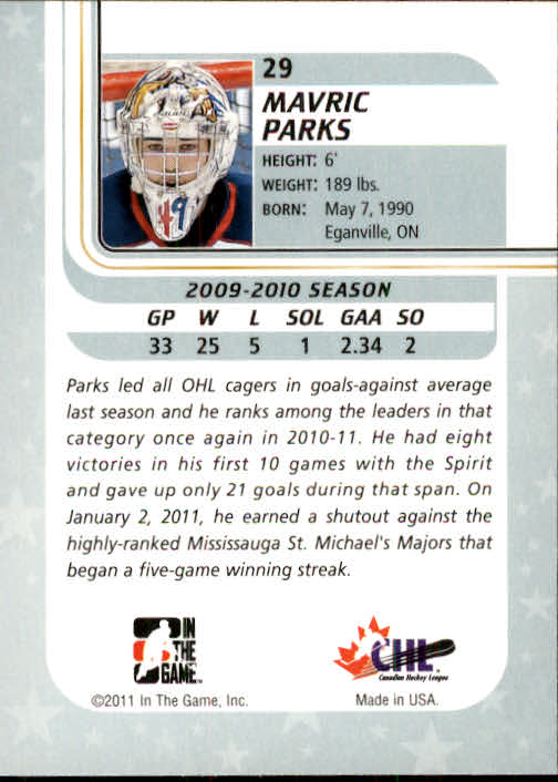 2010-11 Between The Pipes #29 Mavric Parks back image