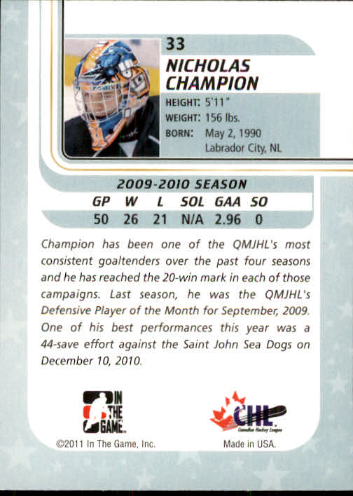 2010-11 Between The Pipes #33 Nicolas Champion back image
