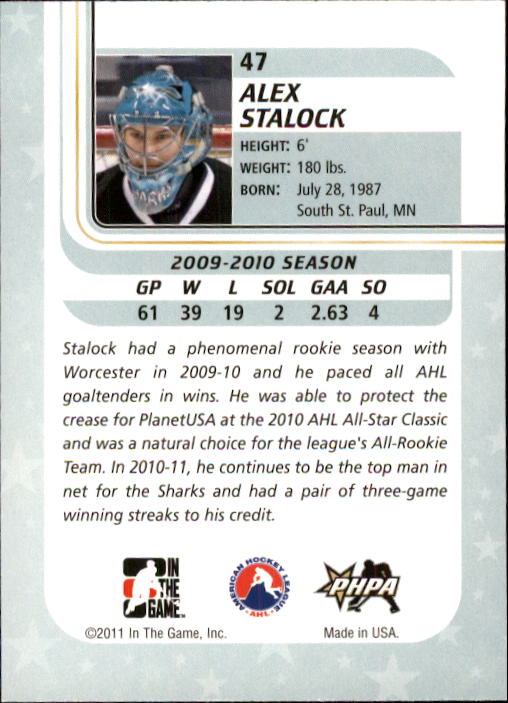 2010-11 Between The Pipes #47 Alex Stalock back image