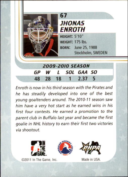 2010-11 Between The Pipes #67 Jhonas Enroth back image
