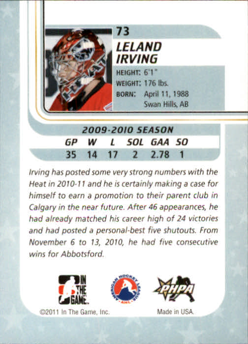 2010-11 Between The Pipes #73 Leland Irving back image