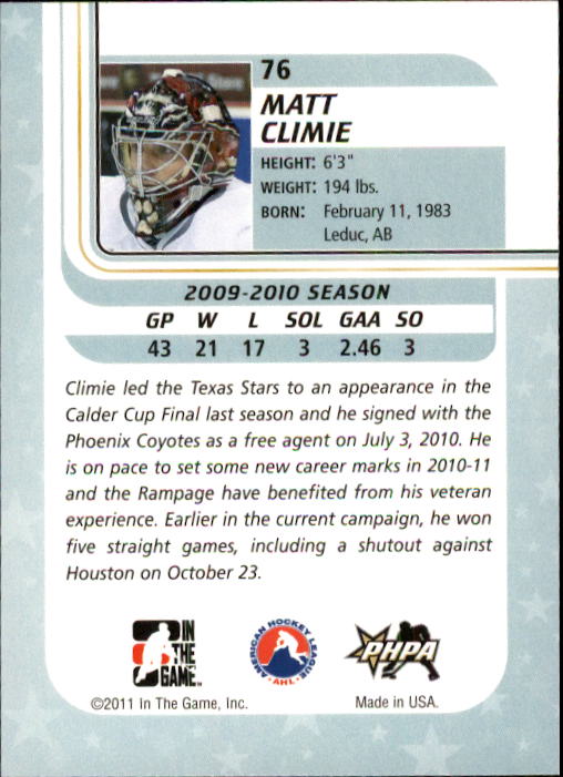 2010-11 Between The Pipes #76 Matt Climie back image