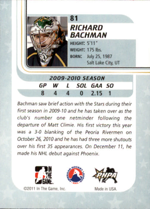 2010-11 Between The Pipes #81 Richard Bachman back image