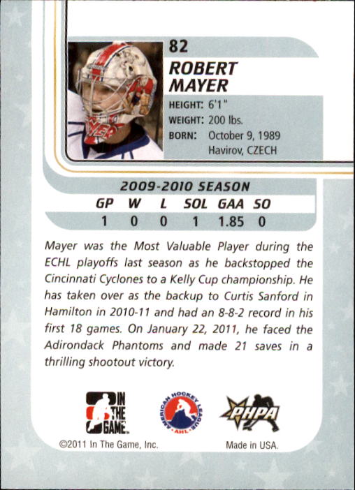 2010-11 Between The Pipes #82 Robert Mayer back image