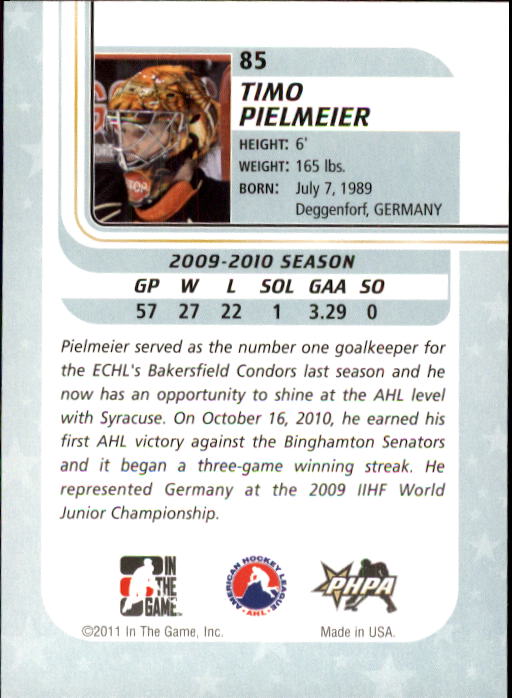 2010-11 Between The Pipes #85 Timo Pielmeier RC back image