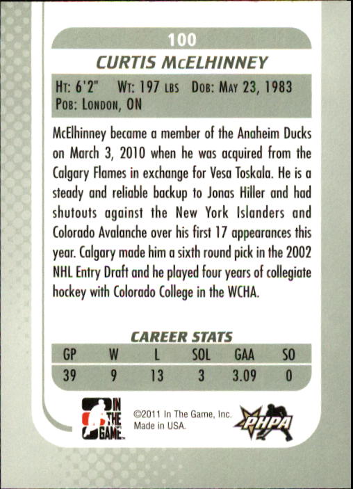 2010-11 Between The Pipes #100 Curtis McElhinney back image