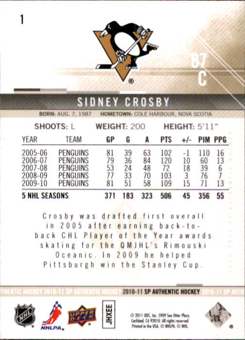 2010-11 SP Authentic #1 Sidney Crosby back image