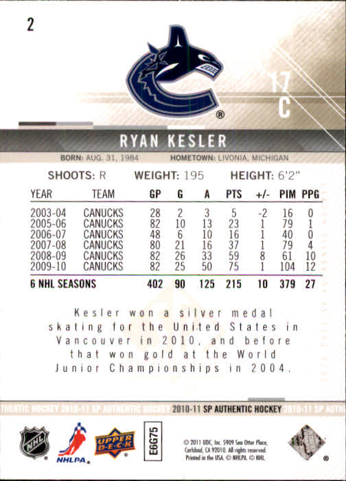 2010-11 SP Authentic #2 Ryan Kesler back image