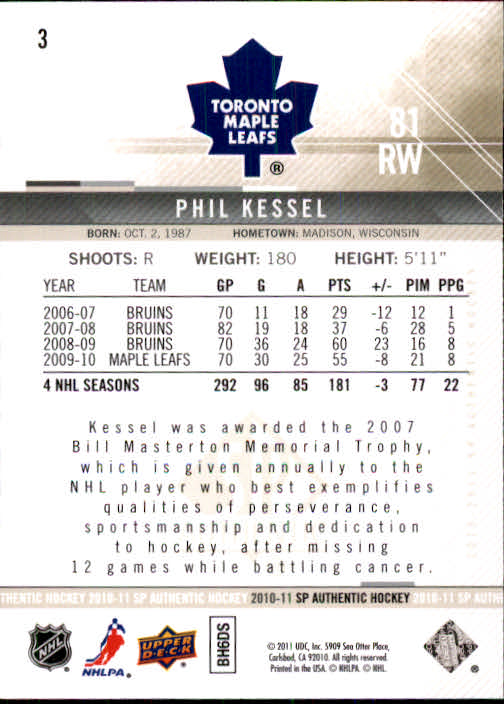 2010-11 SP Authentic #3 Phil Kessel back image