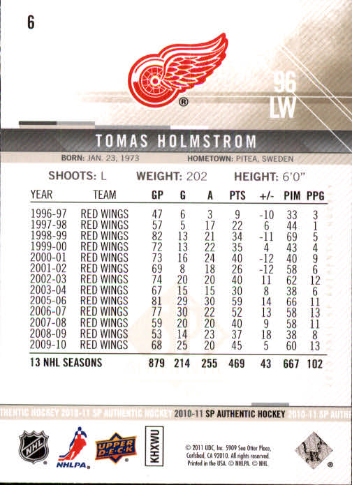 2010-11 SP Authentic #6 Tomas Holmstrom back image