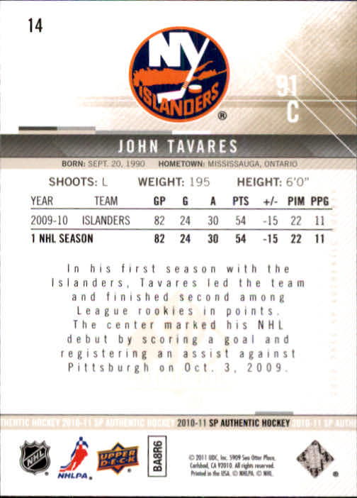 2010-11 SP Authentic #14 John Tavares back image