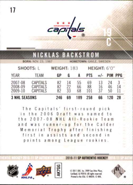 2010-11 SP Authentic #17 Nicklas Backstrom back image