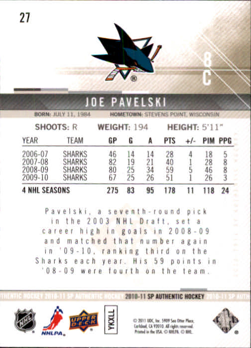 2010-11 SP Authentic #27 Joe Pavelski back image