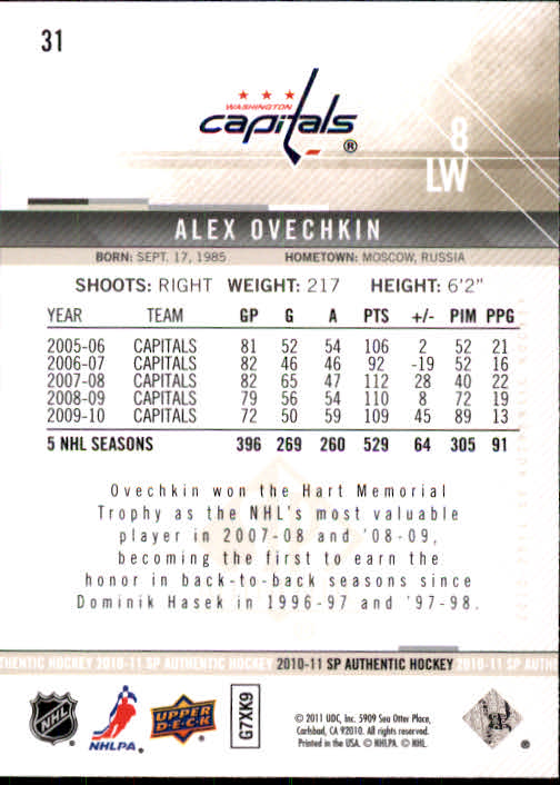 2010-11 SP Authentic #31 Alexander Ovechkin back image