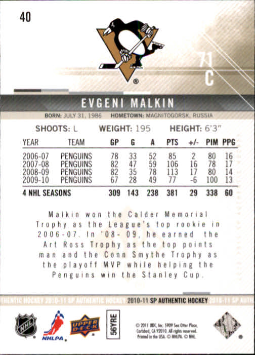 2010-11 SP Authentic #40 Evgeni Malkin back image