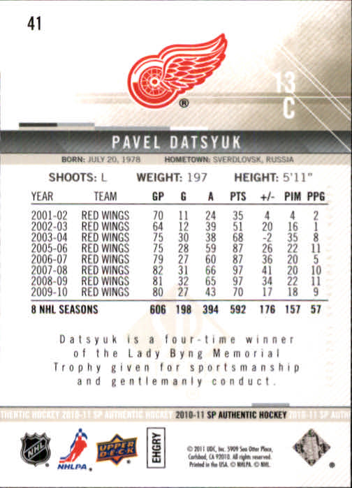 2010-11 SP Authentic #41 Pavel Datsyuk back image