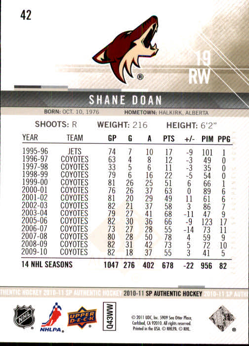 2010-11 SP Authentic #42 Shane Doan back image