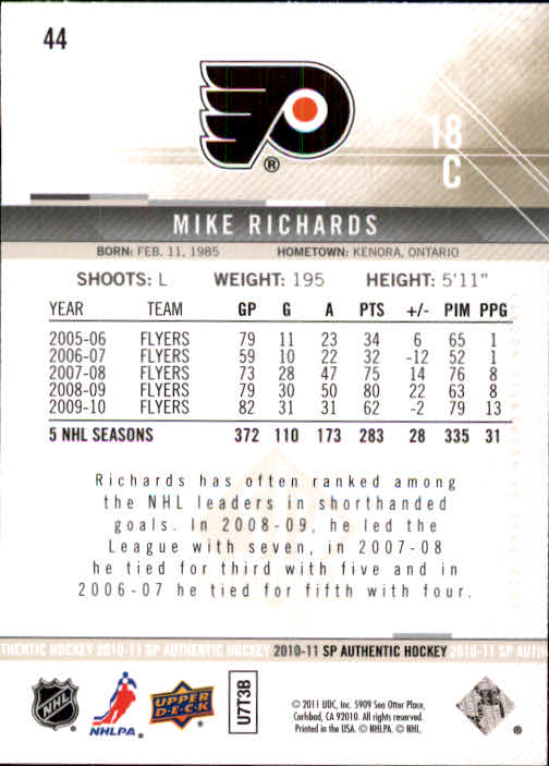 2010-11 SP Authentic #44 Mike Richards back image