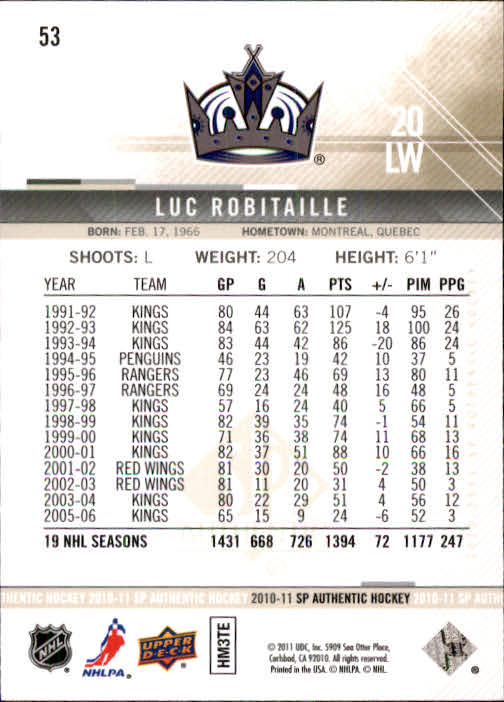 2010-11 SP Authentic #53 Luc Robitaille back image