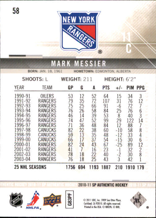 2010-11 SP Authentic #58 Mark Messier back image