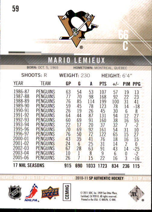 2010-11 SP Authentic #59 Mario Lemieux back image