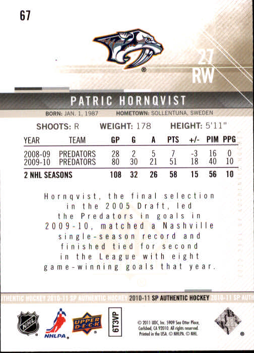 2010-11 SP Authentic #67 Patric Hornqvist back image